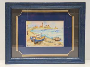 lot 198 image: Framed Signed Shoreline Scene Watercolor Painting