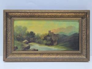 lot 197 image: Antique Framed Oil on Canvas Landscape Painting wCastle - Excellent Period Frame