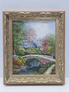 lot 196 image: Ornately Framed Lovely Oil on Canvas Bridge Stream Painting - Signed Rogers