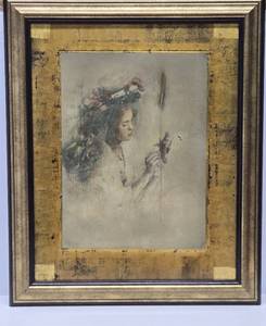 lot 200 image: Nicely Framed Signed Artwork of a Young Woman in Gold Frame