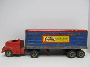lot 17 image: Large Vintage 1950s era MARX Pressed Steel Hi-Way Express Van Lines Truck & Trailer