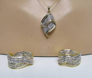 lot 47 image: Lovely Sterling Silver & Brass Rhodium Jewelry Set - Pendant Necklace & Earrings