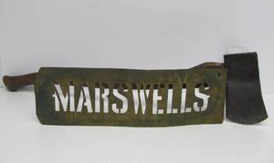lot 53 image: Awesome Old MARSHALL WELLS Axe wOriginal Antique Brass Advertising Stencil