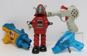lot 211 image: Group of Vintage Sci-Fi Ray Gun Toys & Working Vintage Tin Robot Toy