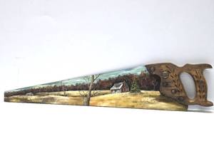 lot 243 image: Hand Painted Landscape Farmstead Scene on Antique Handsaw - Signed Atkinson