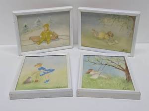 lot 260 image: 4 Framed Signed Original Oil on Canvas Paintings wChildren Playing by Arlette Edwards