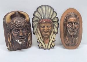 lot 264 image: 3 Vintage 1950s era Chalkware Indian Bust Wall Sculptures