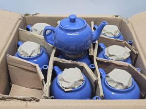 lot 315 image: Case of 36 Brand New Blue Ceramic Teapots wLids