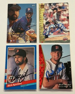 lot 32C image: (4) Minnesota Twins Autos - (2) Rick Aguilera, Eddie Guardado, Rich Becker Baseball Cards