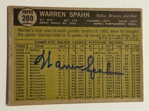 lot 8D image: Warren Spahn Auto (on back) 1961 Topps #200 Vintage Baseball Card