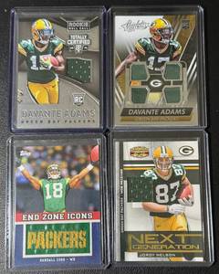 lot 18B image: 4-Card Packers Star WR Jersey Patch Football Cards (Adams, Nelson, Cobb)