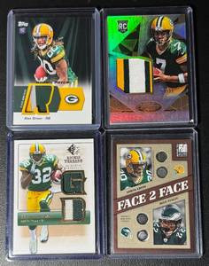 lot 96B image: 4-Card Packers Patch Football Card Lot (Face 2 Face has a crease)