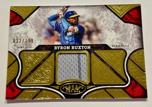 lot 14 image: Byron Buxton 199 Gold Relic 2025 Topps Tier One Relics #T1R-BB Numbered 32199 minnesota Twins Baseball Card