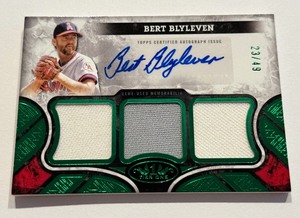 lot 16 image: Bert Blyleven Auto Triple Relic 49 Emerald 2025 Topps Tier One #AT1R-BBL Numbered 2349 Minnesota Twins Baseball Card