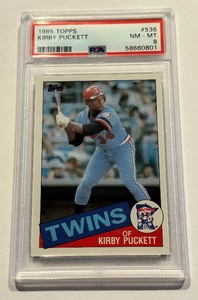 lot 17 image: Kirby Puckett RC PSA 8 NM-MT 1985 Topps #536 Rookie Vintage Minnesota Twins Baseball Card