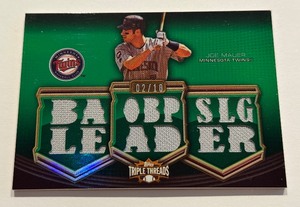 lot 18 image: Joe Mauer 18 Relic Green Refractor 2010 Topps Certified Triple Threads #TTR-34 Numbered 218 Minnesota Twins Baseball Card