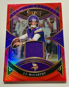lot 20 image: JJ McCarthy Relic Red Refractor RC Prizm 2024 Select #RS-JMY Rookie Minnesota Vikings Football Card