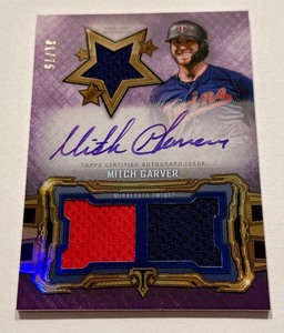 lot 26 image: Mitch Garver Triple Relic On-Card Auto 75 2020 Topps Triple Threads Future Phenom #RFPAR-MG Numbered 3175 Minnesota Twins Baseball Card