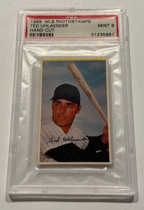 lot 6A image: Ted Uhlaender PSA 9 Mint 1969 MLB Photostamps Hand Cut Minnesota Twins Baseball Card