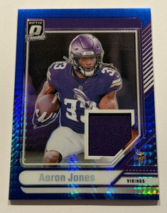 lot 17A image: Aaron Jones Relic Blue Prizm 2024 Donruss Optic Threads #DTB-AJS Minnesota Vikings Football Card