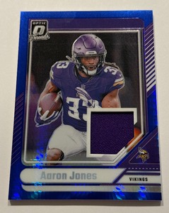 lot 25A image: Aaron Jones Relic Blue Prizm 2024 Donruss Optic Threads #DTB-AJS Minnesota Vikings Football Card