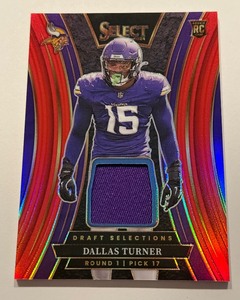 lot 32A image: Dallas Turner RC Relic 2024 Seelct Prizm #DSM-DTR Rookie Minnesota Vikings Football Card