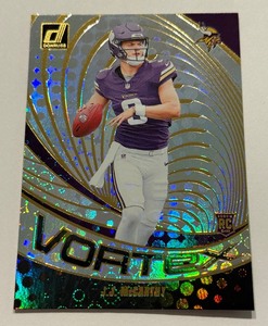 lot 61A image: JJ McCarthy RC Vortex Insert 2024 Donruss #VOR-JMC Rookie Minnesota Vikings Football Card