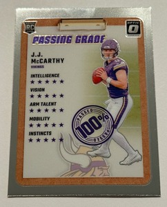 lot 66A image: JJ McCarthy RC Passing Grade Insert 2024 Donruss Optic #6 Rookie Minnesota Vikings Football Card