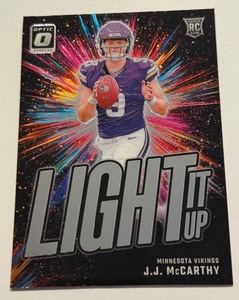 lot 76A image: JJ McCarhty RC Light It Up Insert 2024 Donruss Optic #2 Rookie Minnesota Vikings Football Card