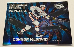 lot 77A image: Connor McDavid Net Deposits Insert 2021 NHL Metal Universe #ND-19 Hockey Card