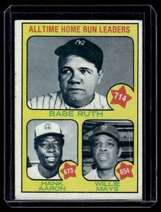 lot 54 image: Babe Ruth  Hank Aaron  Willie Mays 1973 Topps All-Time Home Run Leaders #1 Vintage Baseball Card