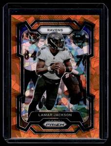 lot 139 image: LaMar Jackson Orange Cracked Ice Prizm 2023 #18 Football Card