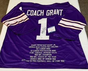 lot 22B image: Bud Grant Signed With Beckett COA Minnesota Vikings Stitched Custom Stat Jersey Size XL