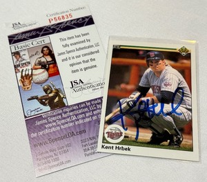 lot 41B image: Kent Hrbek On-Card Auto With JSA COA 1990 Upper Deck Minnesota Twins Baseball Card