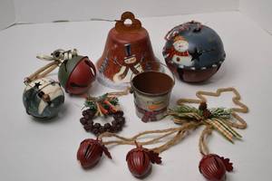 lot 108 image: Assorted Christmas Decor Jingle Bells, Snowman Bell, Garland & Ornaments
