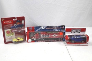 lot 55 image: Die-Cast Vehicle Lot - Coca-Cola 2005 Calendar Car, NFL Chiefs Tractor-Trailer, Denver Die Cast SUV