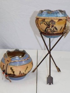 lot 62 image: Southwestern Ceramic Votive Bowls with Leather Braids and Arrow Stand