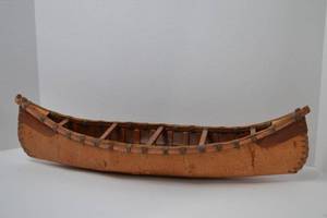 lot 128 image: Handcrafted Birch Bark Canoe Model, Approx. 22 Inches Long