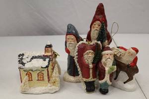 lot 168 image: 5 Signed Folk Art Christmas Decorations Santa Figurines & Village House