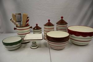 lot 179 image: Striped Ceramic Kitchen Canister Set with Bowls, Utensil Holder & Stand (12 pcs)