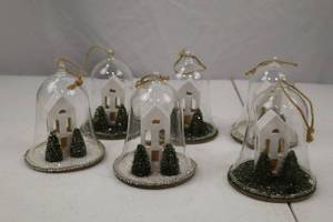 lot 256 image: Set of 6 Christmas Bell Jar Church Ornaments with Trees