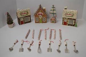 lot 200 image: Christmas Gingerbread Village Ornaments Lot Bakery Houses, Candy Canes, Mini Utensils