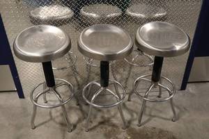 lot 264 image: Set of 3 Adjustable Chrome Metal Bar Stools, 32-34 Inch Height