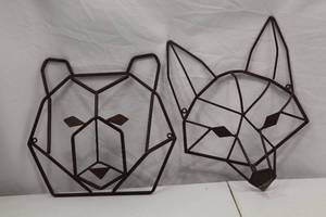lot 269 image: Set of 2 Geometric Metal Animal Wall Art Sculptures - Bear and Fox