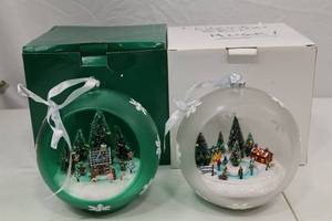 lot 279 image: 2 Lighted Christmas Village Scene Ornaments, 7 Inch, With Boxes