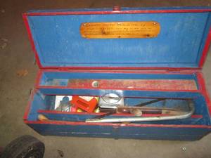 lot 337 image: Vintage wood footlocker toolbox, ha...