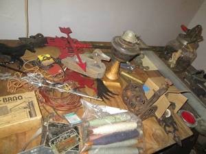 lot 354 image: Metal wind vanes, vintage oil lamp ...