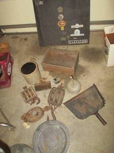 lot 356 image: Vintage wood pulleys, metal dust pa...