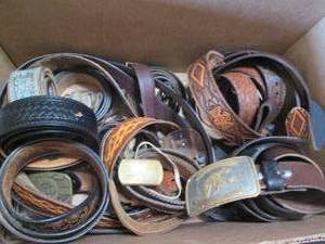 lot 119 image: Box of mostly leather mens belts, ...