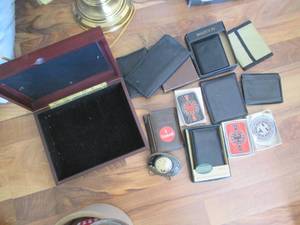 lot 121 image: Leather wallets, wood jewelry box a...